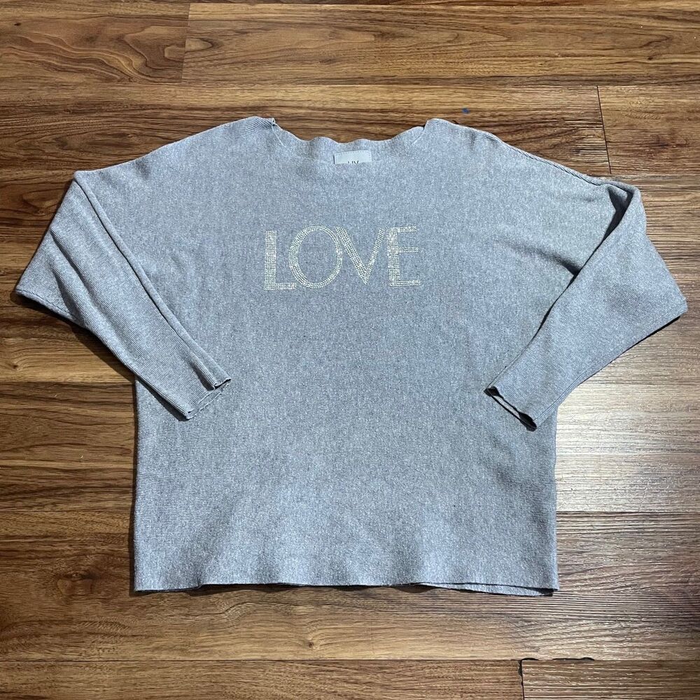 LIV Milano Sweater Pullover Rhinestone Love Long Sleeves Gray Womens Size Medium